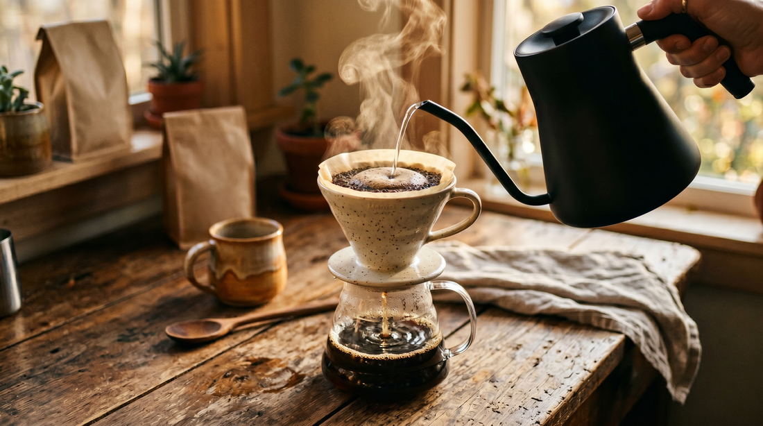 Pour over coffee brewing at Sanctuary Roasting