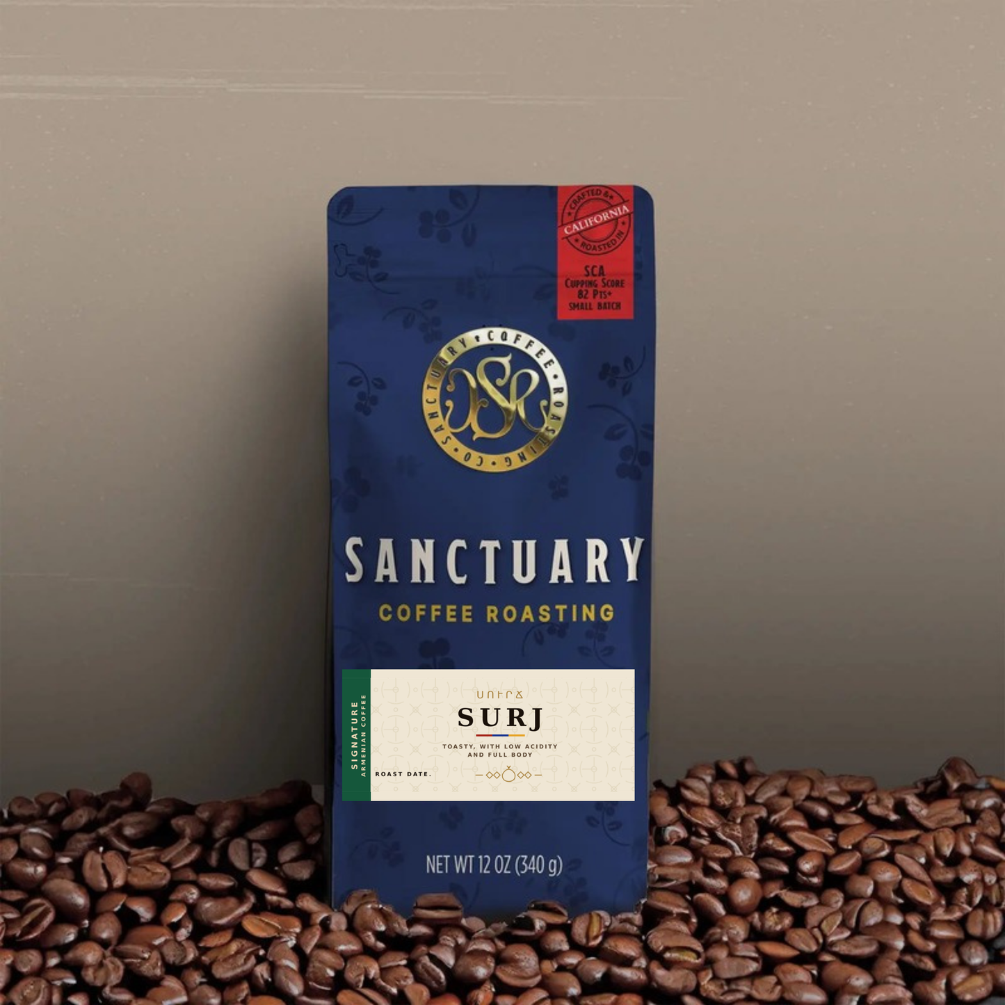 Surj Armenian Coffee — 12 oz bag, dark roast blend, Sanctuary Coffee Roasting Co, Clovis