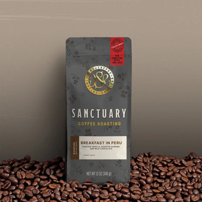 Breakfast In Peru medium roast coffee blend by Sanctuary Roasting – roasted almond, brown sugar, milk chocolate