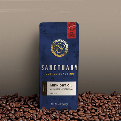 Midnight Oil bold dark roast coffee blend by Sanctuary Roasting – chocolate, grain, brown sugar