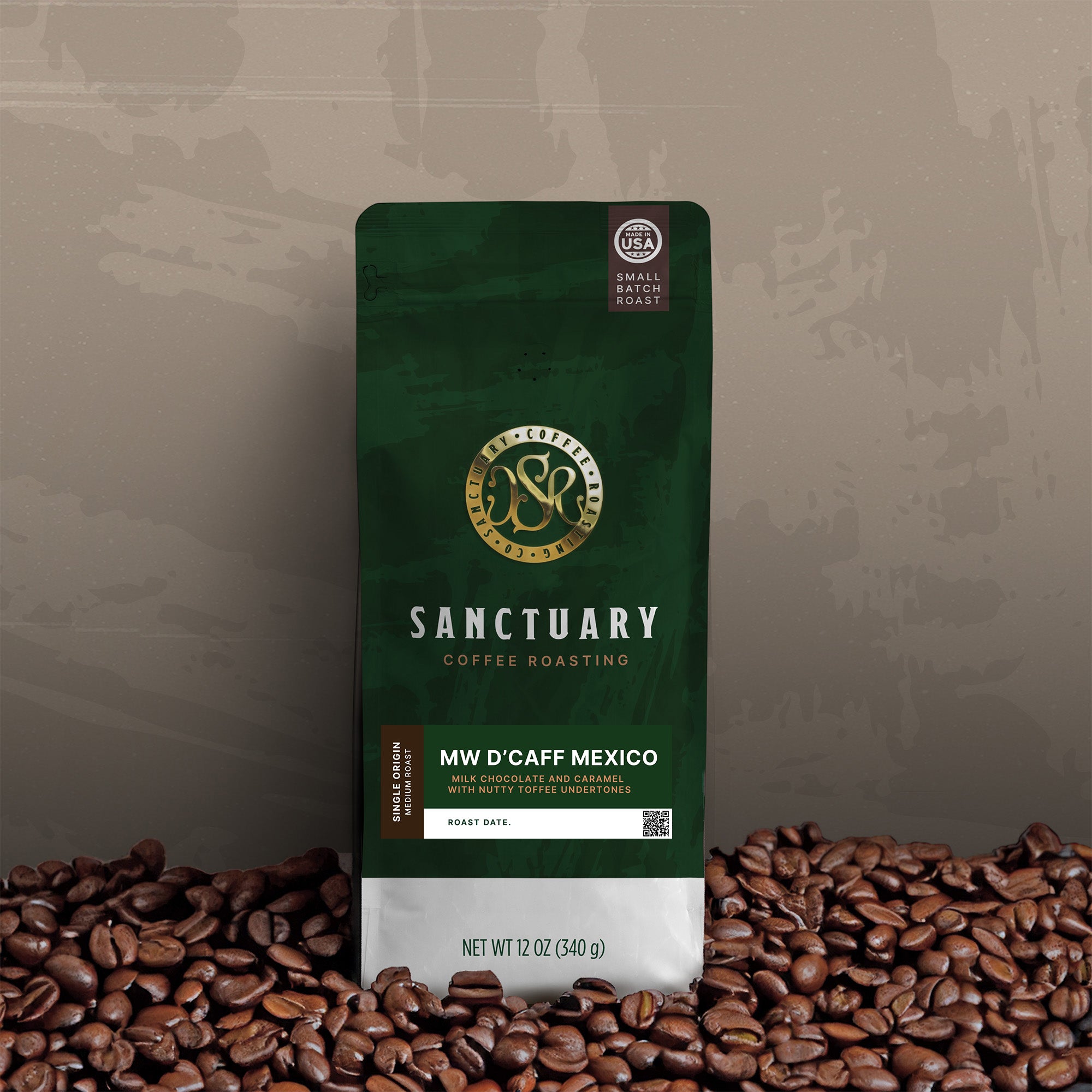 Sanctuary Coffee Roasting MW Decaf Mexico coffee bag, 12oz, with roasted coffee beans.