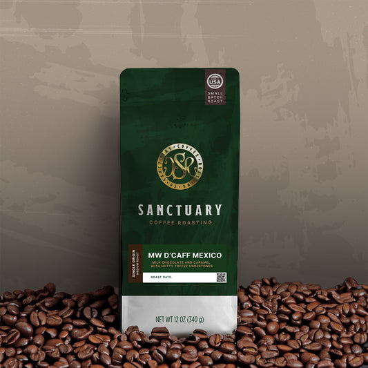Sanctuary Coffee Roasting MW Decaf Mexico coffee bag, 12oz, with roasted coffee beans.